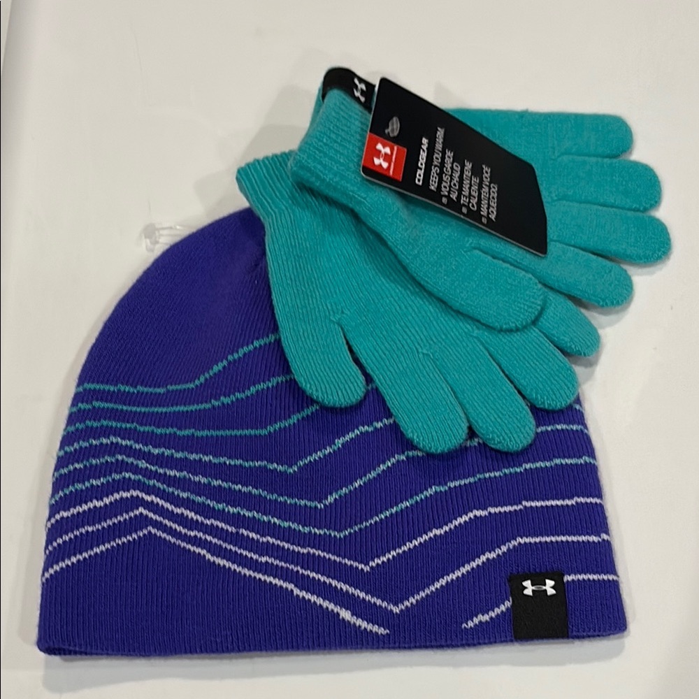 Under Armour Purple Beanie and Teal Gloves Set